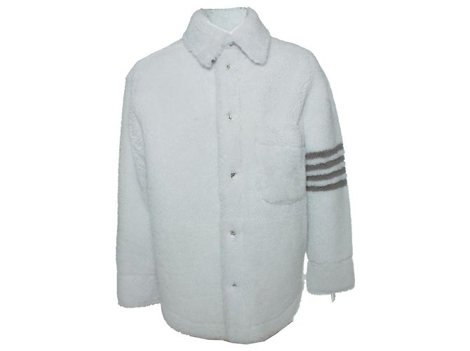 Thom Browne, 4 bar stripe shearling jacket White