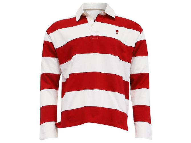 Ami Striped Ami de Cœur Long Sleeve Polo Shirt in Red and White Cotton