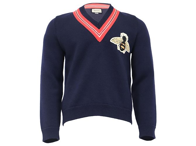 Gucci Bee-Embroidered V-Neck Sweater in Navy Blue Wool