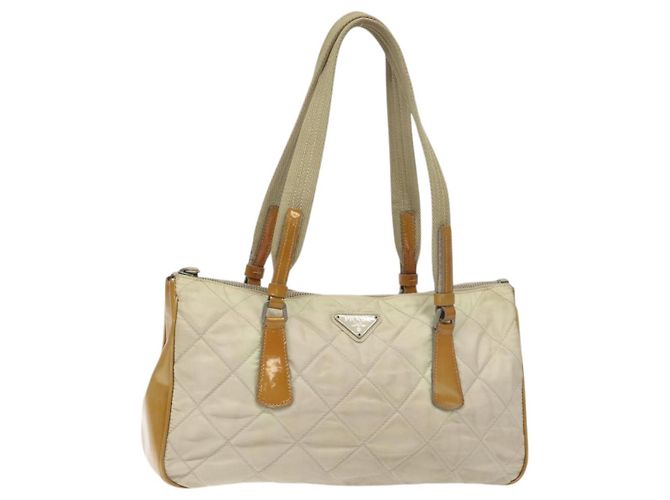 PRADA Quilted Hand Bag Nylon Beige Silver Auth ki5791 Silvery