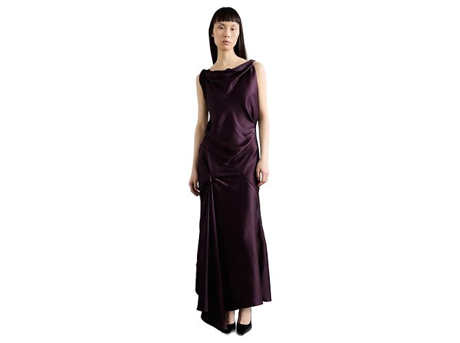 Vestido midi drapeado asimétrico Victoria Beckham Fig Ciruela Morado oscuro