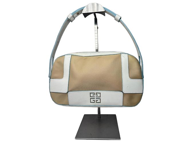 Sac en cuir et coton vintage Givenchy 4G bleu blanc beige