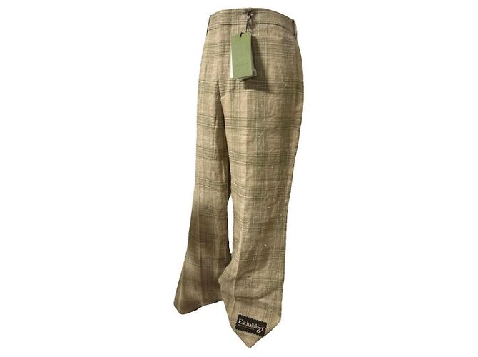 Gucci Karomuster Schlaghose Beige Seide Baumwolle Leinen