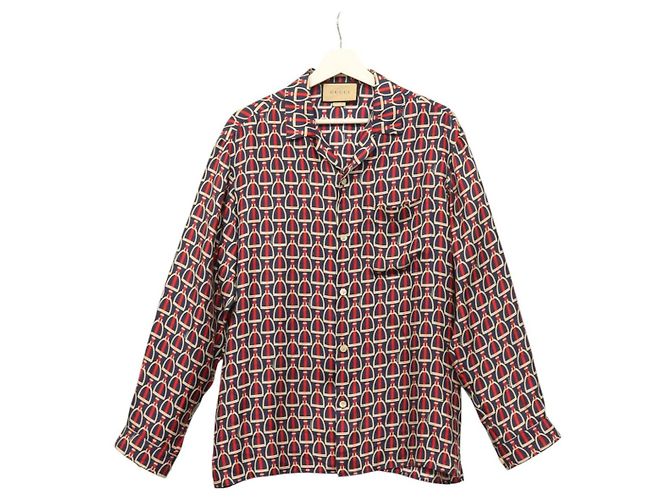 Camicia a maniche lunghe in seta GUCCI 46 Rossa Blu Marina Auth ym054M Rosso Blu navy