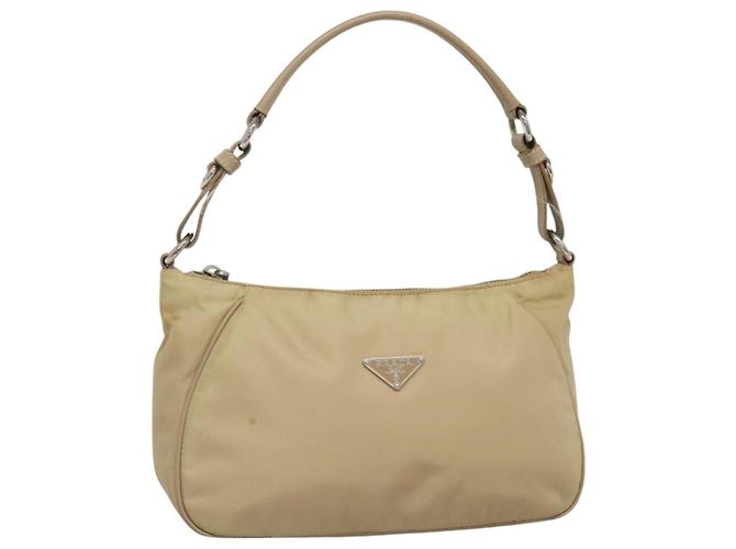 PRADA Handtasche Nylon Beige Silber Auth 127869