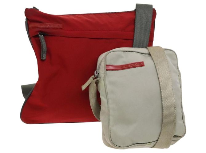 PRADA Bolsa de Hombro Deportiva de Nylon 2Set Roja Beige Plata Auth ti3215