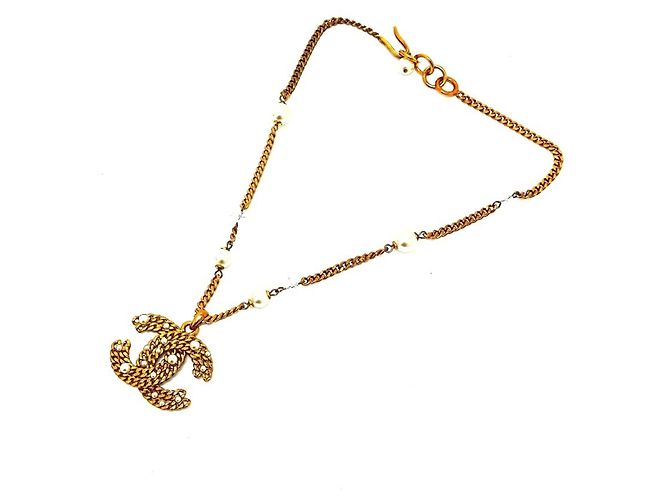Colar de corrente de pérolas falsas Coco Mark 05P da Chanel Dourado