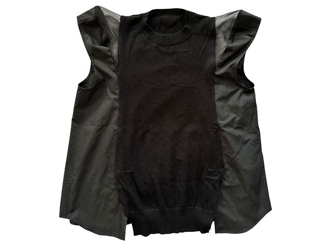 Sacai Black Cotton Knit Top with Tulle Inserts