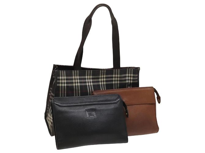 Borsa a spalla Burberry Nova Check in nylon e pelle 3 set nero marrone Auth bs27232
