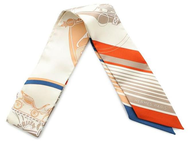 Hermès White Ex Libris Silk Twilly Scarf Cream Cloth  ref.2334189