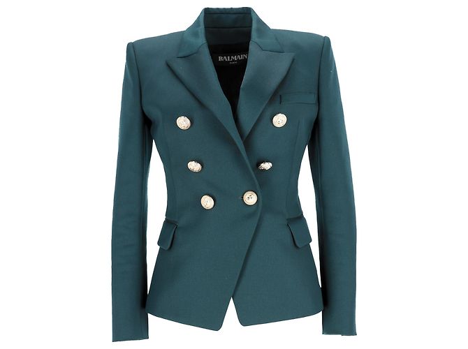 Blazer duplo abotoado adornado em lã verde Balmain