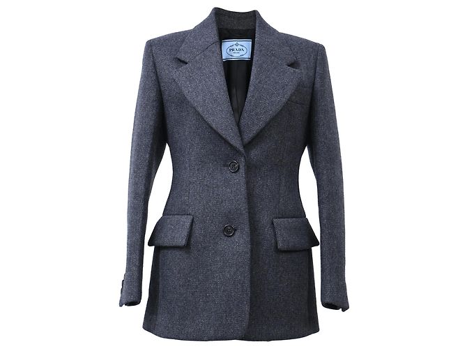 Prada Herringbone Single-Breasted Blazer with Pockets in Grey Wool