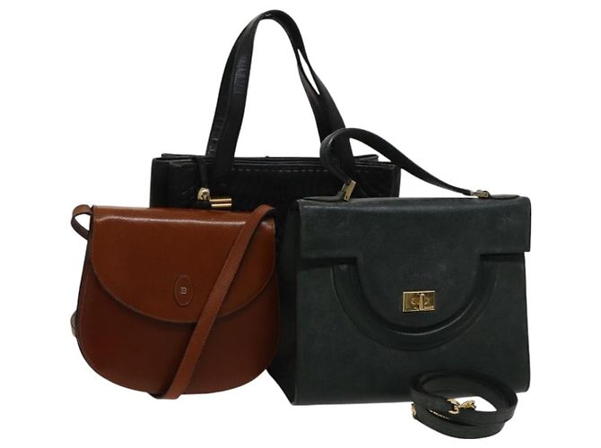 BALLY Sac matelassé en cuir 3 pièces Vert Noir Marron Auth BA3270