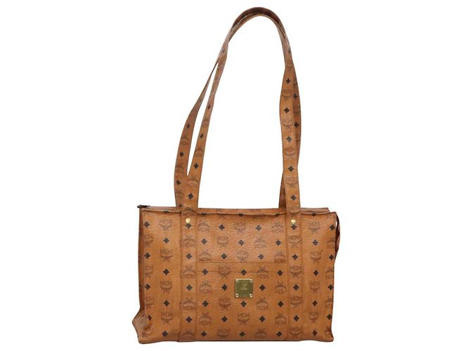 Bolsa de Ombro MCM Logogram Vicetos em Couro PVC Marrom Dourado Auth BA3258