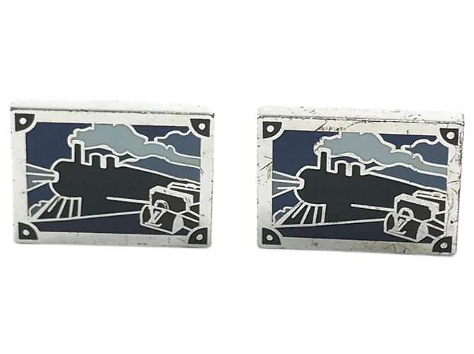 Louis Vuitton Train Pattern Cufflinks Silvery Blue