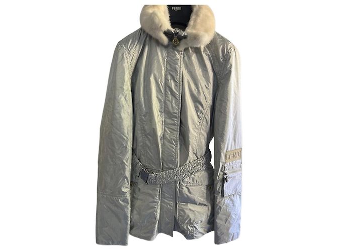 Fendi Silver Metallic Nylon Jacket with Fur Collar Silvery