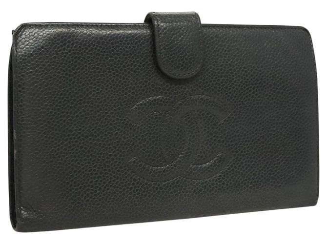 CHANEL Cartera Larga Piel Caviar Negra Oro CC Auth bs27231 Negro Dorado