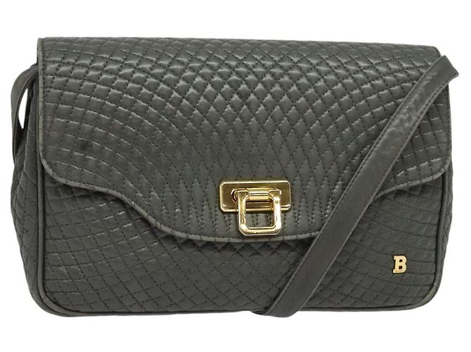 BALLY Bolsa de Ombro de Couro Cinza Dourado Auth bs27172 Marrom