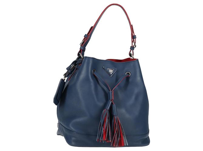 PRADA Shoulder Bag Leather Blue Silver Auth 127875V Silvery