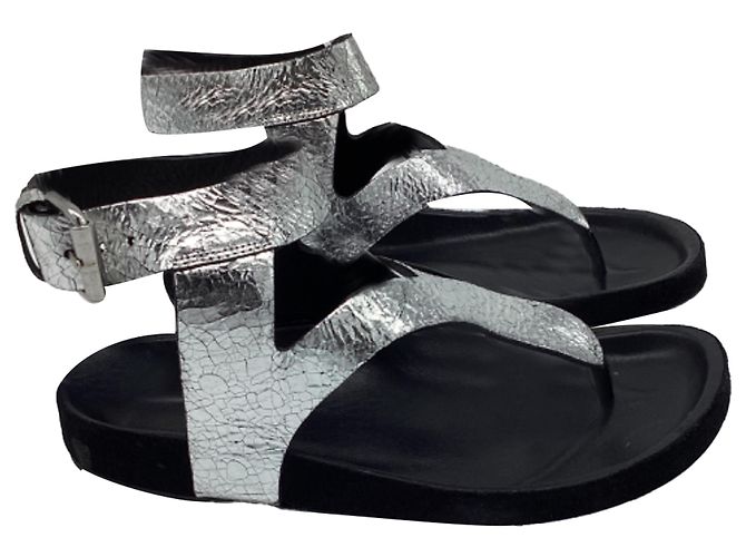 Isabel Marant Ankle Strap Flat Sandals in Metallic Silver Leather Silvery
