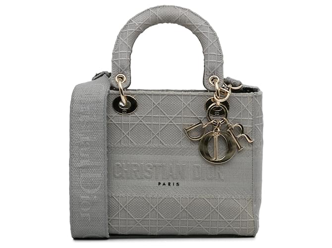 Dior Medium Canvas Cannage Lady D Lite Grey Leather  ref.2340999