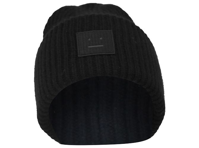 Schwarze Rippenstrickmütze mit Acne Studios-Patch