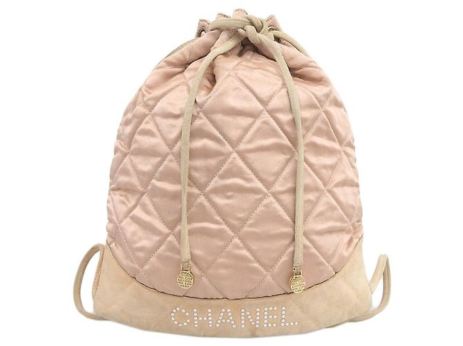 Chanel Satin Logo Backpack Pink Beige