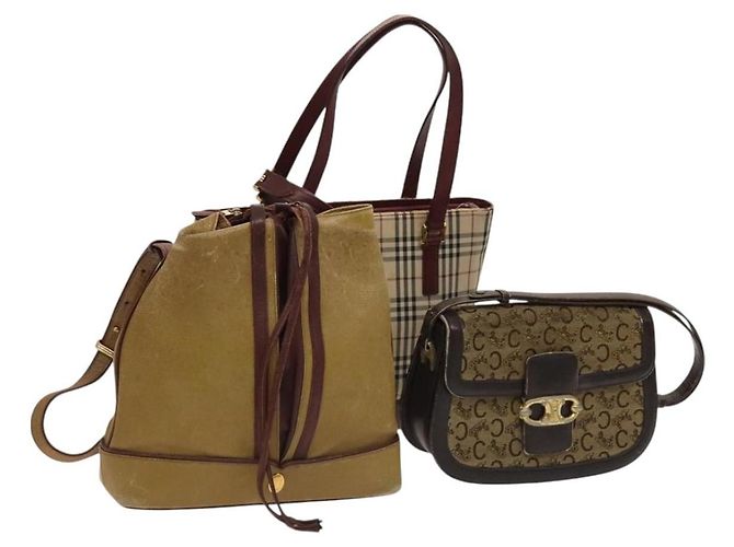 Céline CELINE C Sulky Cartier Burberry Nova Check Bolsa de Couro 3Set Bege Auth BA2174 Marrom