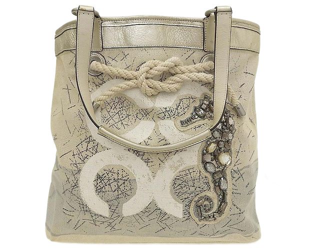 Bolsa tote de couro Coach Canvas 17039 Marrom Bege Dourado