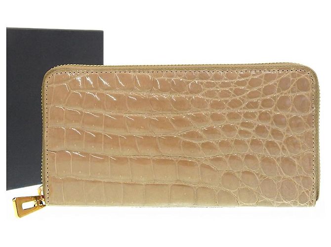 Autre Marque Crocodile Leather Zip Wallet Beige