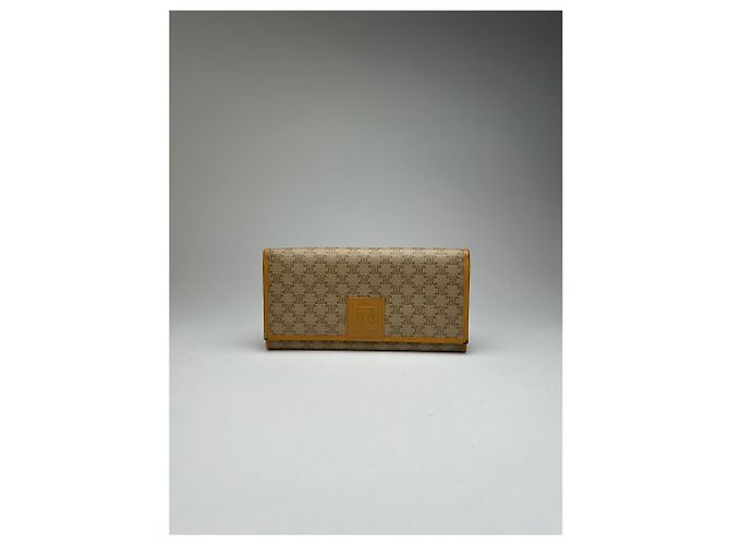 Céline Vintage Celine Triomphe Monogramm Leather wallet beige Brown