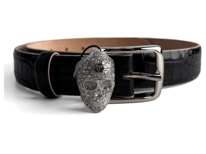 Philipp Plein Skull Croco Printed Leather Medium Belt 80 Black