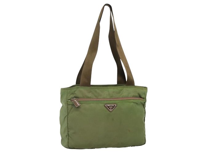 PRADA Shoulder Bag Nylon Khaki Silver Auth bs27601 Silvery