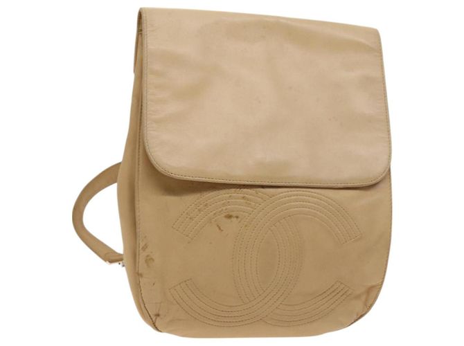 Mochila CHANEL COCO Mark em couro de cordeiro bege com CC prateado Auth BA2935 Prata