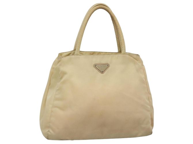 PRADA Tote Bag Nylon Beige Silver Auth bs27837 Silvery