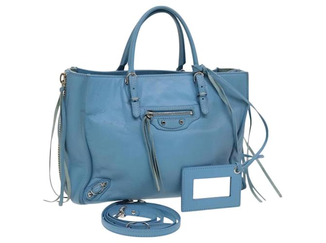 BALENCIAGA The Paper Hand Bag Leather 2way Light Blue Silver 370926 Auth 128459 Silvery  ref.2352923
