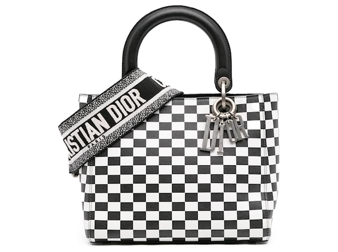 Dior Black Medium Calfskin Checkered Lady Dior White Leather Pony-style calfskin  ref.2353783