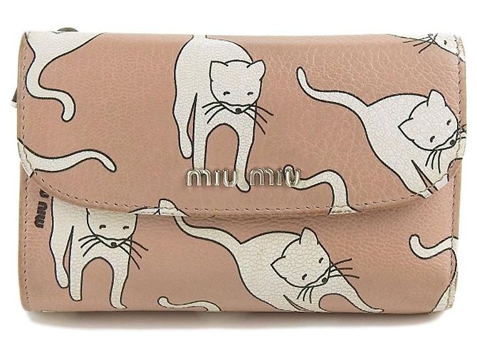 Miu Miu Cat Print Leather Trifold Wallet Pink White
