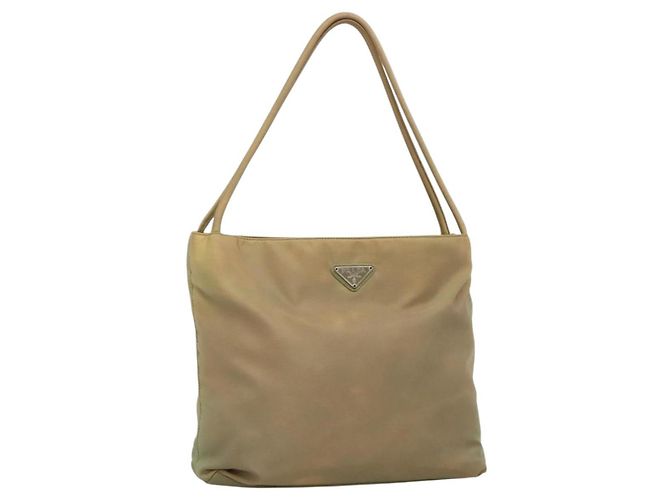 PRADA Tote Bag Nylon Beige Silver Auth bs27846 Silvery