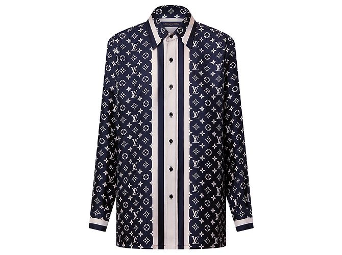 LOUIS VUITTON - Camicia da pigiama Monogram Louis Vuitton in seta blu navy e bianca (T36)