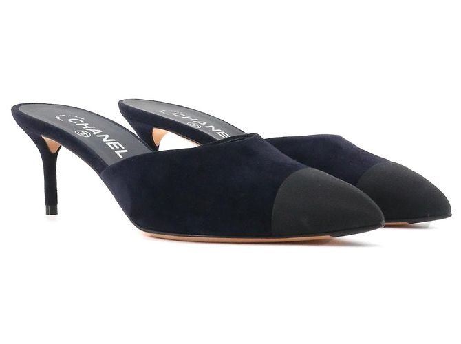 CHANEL - Chanel navy blue suede heeled mules (size 38.5)