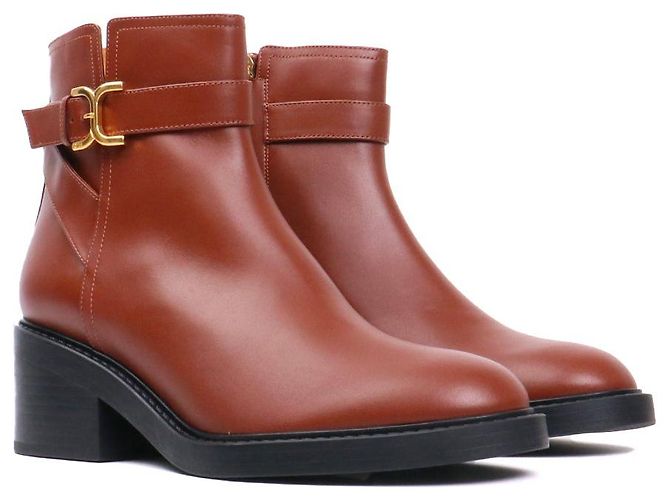 CHLOÉ - Botines Marcie con hebilla en cuero marrón (T41) Castaño