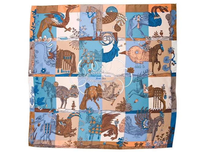 HERMÈS - Carré 90 Della Cavalleria Hermès in blue silk Brown  ref.2355517