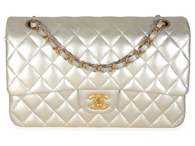 Timeless Chanel Gold Metallic Quilted Lambskin Medium Classic Double Flap Bag White gold  ref.2356075