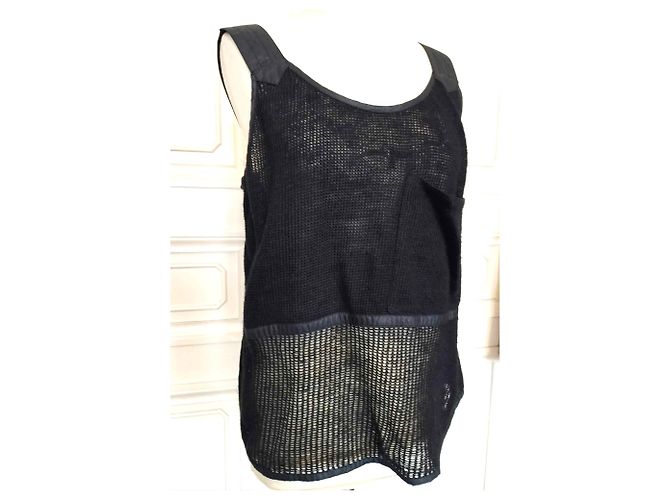 Jc De Castelbajac CASTELBAJAC POUR ICEBERG PULLOVER SURTOP WESTE WOLLE MESH LEDER EFFEKTE T 40 Schwarz