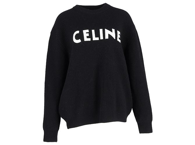 Edge Céline Schwarzer Wollpullover mit Celine-Logo-Druck in Rippstrick