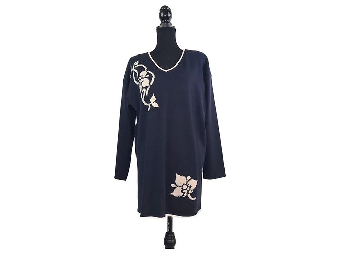 Escada blauer Wollpullover aus den 80ern mit Blumenmuster