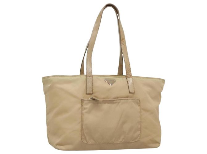 PRADA Tote Bag Nylon Beige Silber Auth bs27839