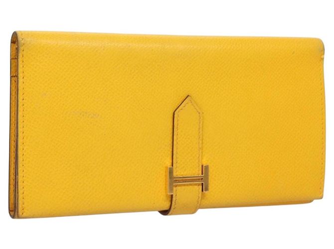 Hermès Billetera HERMES de cuero amarillo Auth BA3777