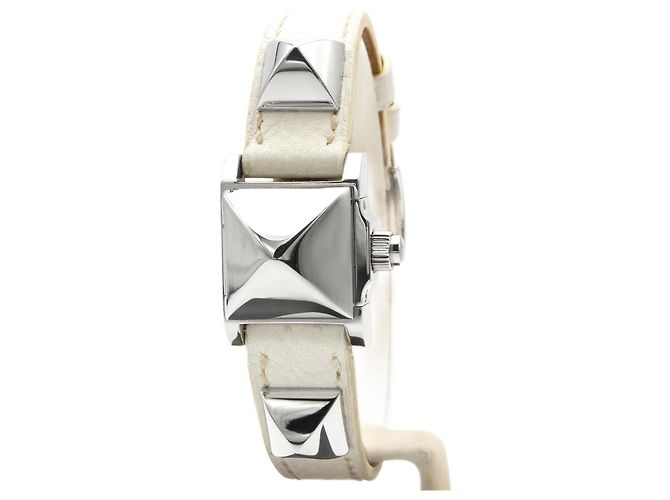 Relógio Hermès Médor em aço com pulseira de couro branca Prata